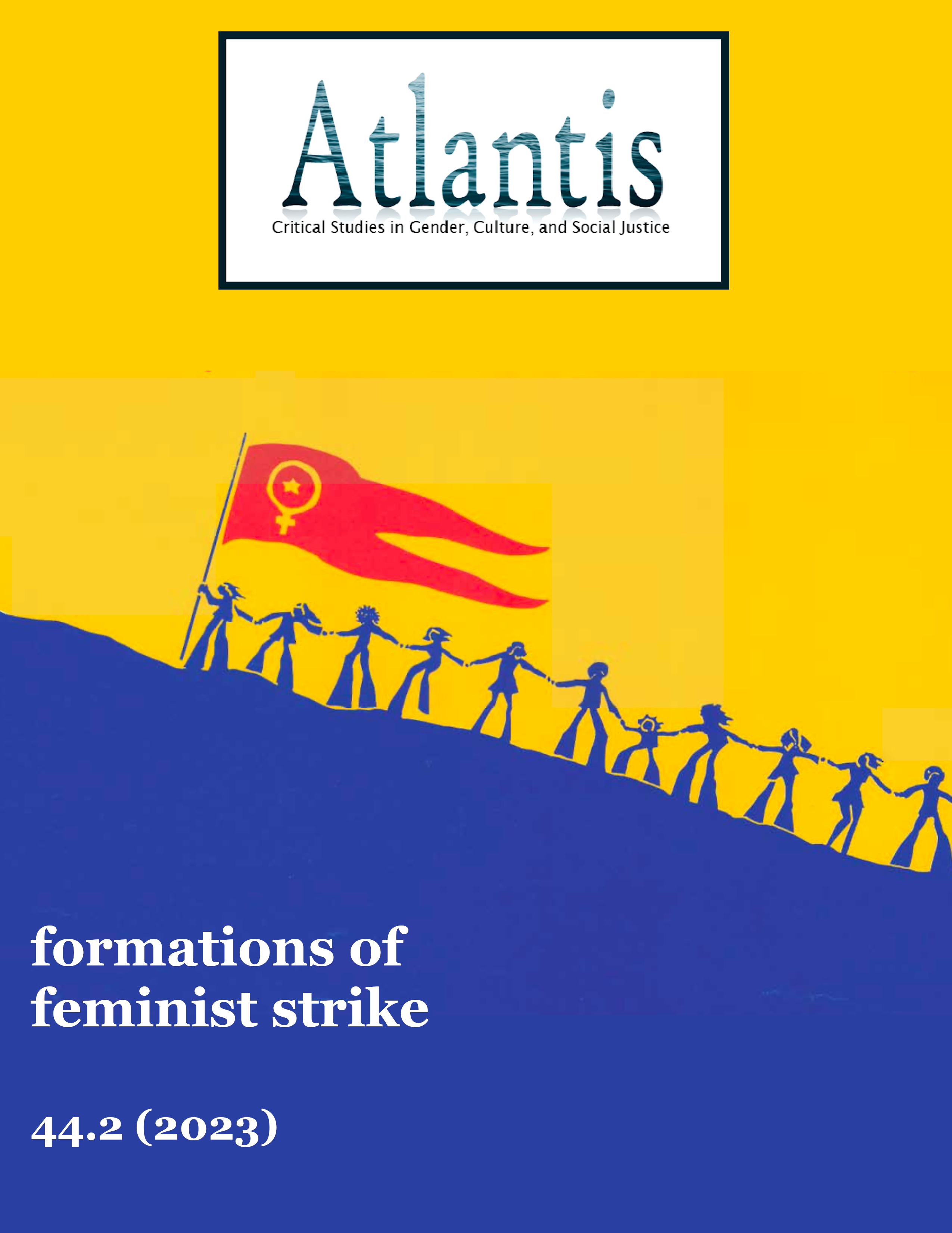 Cover image shows an illustration of bright blue figures holding hands while walking up a hill. The figure in front is holding a red flag with the symbol for "woman" on it (circle with cross beneath). The background behind the figures is bright yellow.